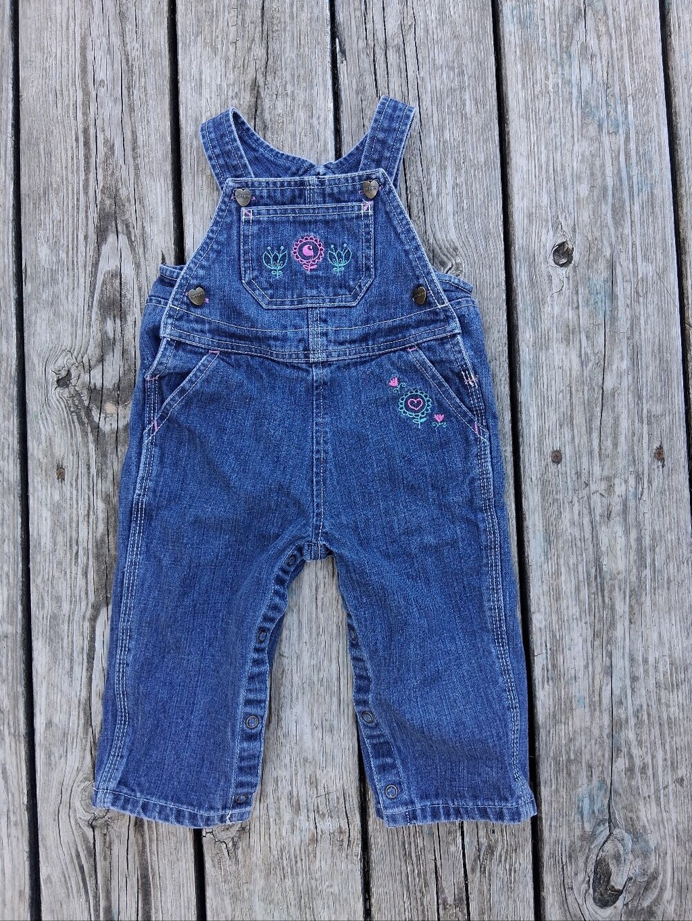 Carhartt Blue Denim Overalls with Pink & Teal Floral Embroidery